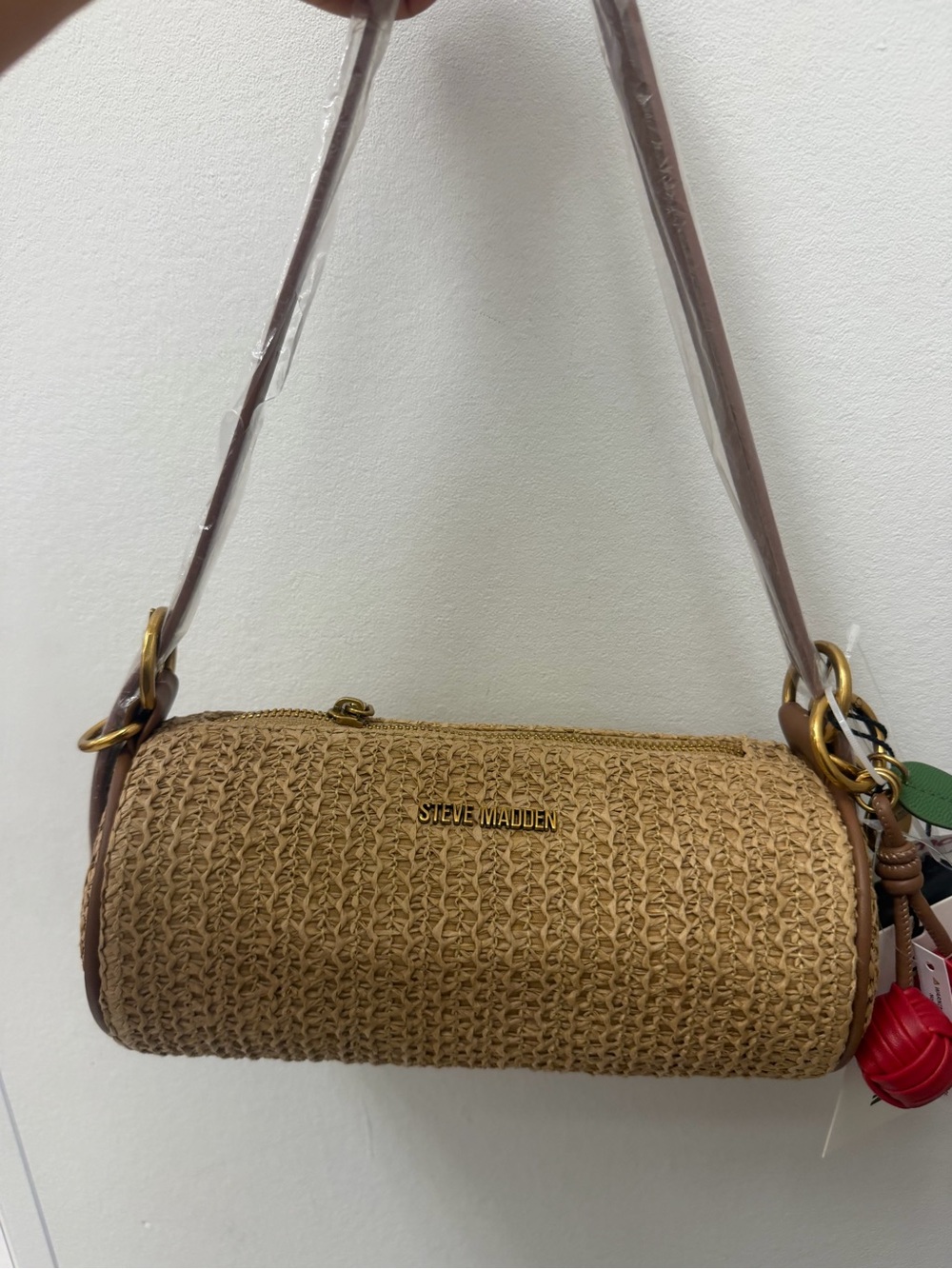 Steve Madden Tan Woven Barrel Crossbody with Gold Accents